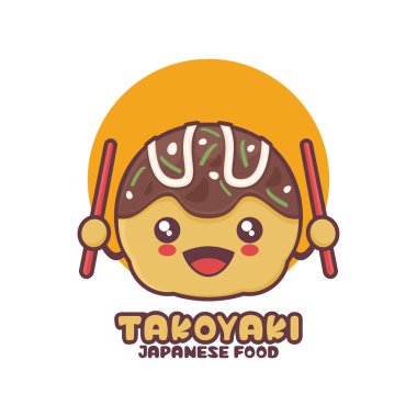 Elinde çubuk tutan sevimli Takoyaki çizgi filmi. Geleneksel Japon yemeklerinin vektör çizimi, logolar, baskılar, etiketler, ambalajlar vs..