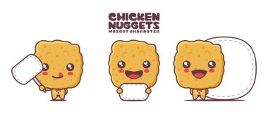 Tatlı tavuk külçeleri maskotu. Fast food karikatür çizimi, boş pano afişi.