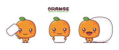 Portakal meyveli karikatür maskot çizimi. Beyaz arkaplanda izole edilmiş boş pankartla.