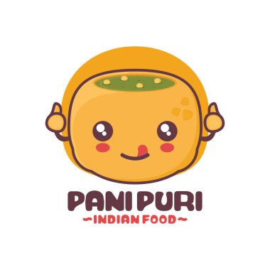 Sevimli panipuri çizgi filmi. Hint sokak yemekleri çizimi, logolar, baskılar, etiketler, ambalajlar, çıkartmalar, vs..