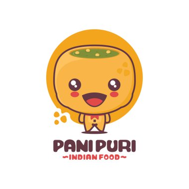 Şirin panipuri çizgi film maskotu. Hint sokak yemekleri çizimi, logolar, baskılar, etiketler, vs..