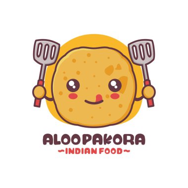 Tatlı maskot Aloo Pakora. Geleneksel Hint yemekleri çizimi, logolar, baskılar, etiketler, ambalajlar vs..