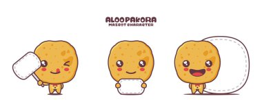 Tatlı maskot Aloo Pakora. Beyaz arka planda izole edilmiş, boş pankart afişiyle geleneksel Hint yemekleri çizimi.