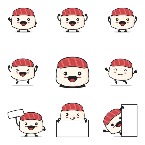 Illustration Mascotte Dessin Animé Mignon Sushi Avec Des Expressions Faciales — Image vectorielle