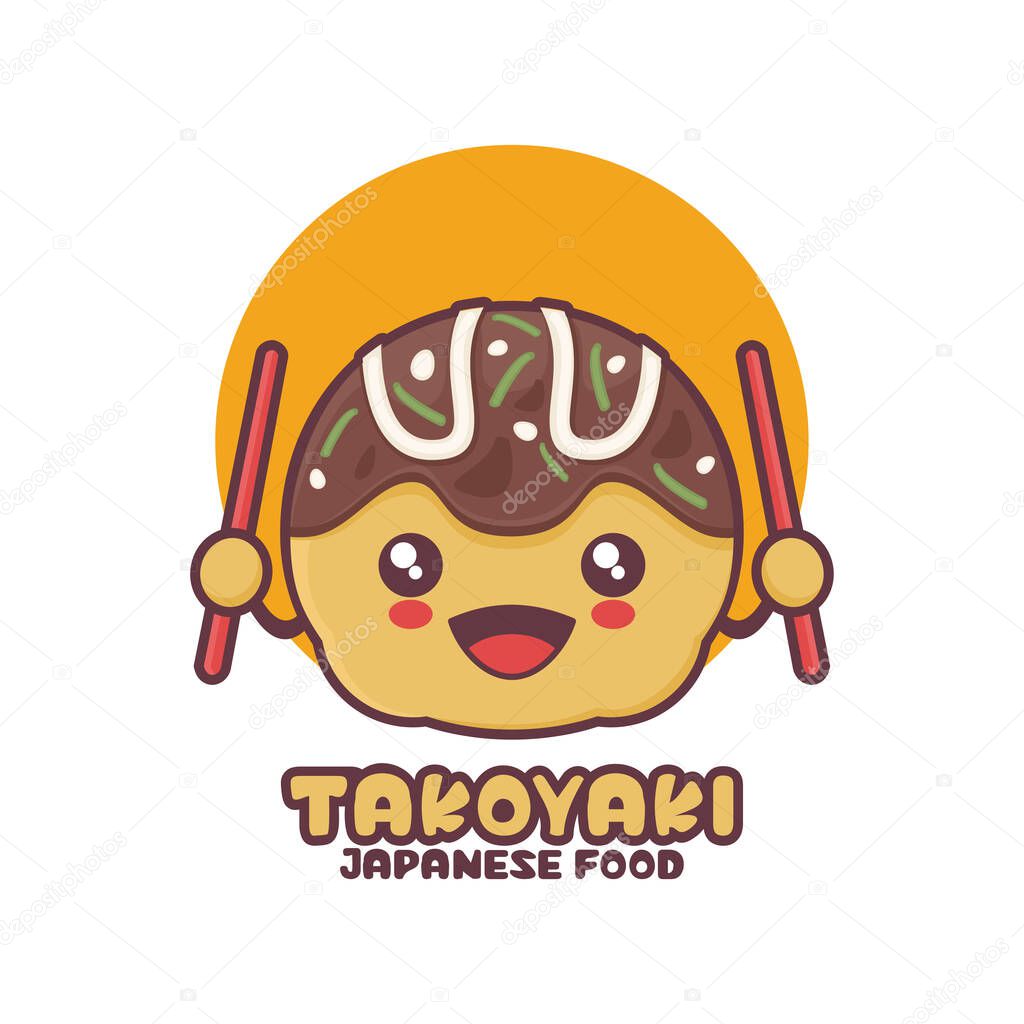 Cute Takoyaki cartoon holding chopsticks. vector illustration of traditional japanese food, suitable for, logos, prints, labels, packaging, stickers, etc.