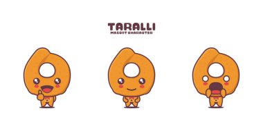 Tatlı maskot Taralli. İtalyan geleneksel abur cuburları vektör çizimi, farklı ifadelerle, beyaz arka planda izole edilmiş.