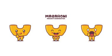 Beyaz bir arka planda izole edilmiş, farklı ifadelere sahip, sevimli makarnalı maskot vektör çizimi..