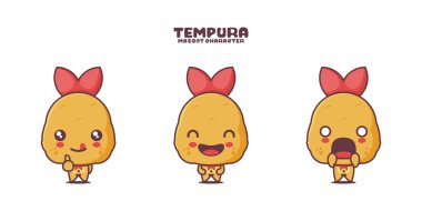 Şirin Tempura maskotu, Japon yemek karikatürü vektör çizimi, farklı ifadelerle, beyaz arka planda izole edilmiş..