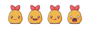 Şirin Tempura maskotu, Japon yemek karikatürü vektör çizimi, farklı yüz ifadeleri. Simgeler, logolar, menüler, baskılar, etiketler, vs. için uygun.