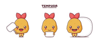 Şirin Tempura maskotu, Japon yemek karikatürü vektör çizimi, boş pankart afişi, beyaz arka planda izole edilmiş..