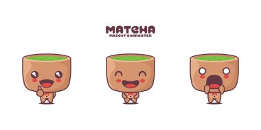 Yeşil kibrit çay karikatür çizim vektörü, farklı ifadelerle, beyaz arka planda izole edilmiş..