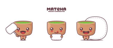 Yeşil kibrit çay çizgi film illüstrasyon vektörü, beyaz arka planda izole, boş pankart afişi ile.