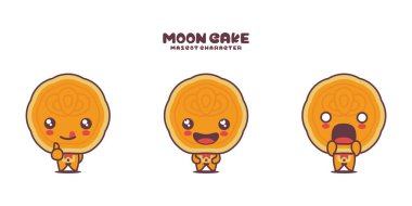 Farklı ifadelerle, beyaz bir arkaplanda izole edilmiş vektör ay pastası çizgi film maskotu..