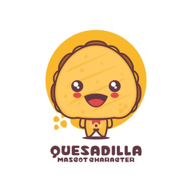 Quesadilla çizgi film maskotu, Meksika yemek illüstrasyonu, logolar, baskılar, etiketler, etiketler vs. için uygun, beyaz arka planda izole edilmiş..