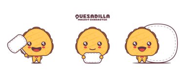 Quesadilla çizgi film maskotu, Meksika yemek illüstrasyonu, beyaz arka planda izole edilmiş, boş pankartı var..