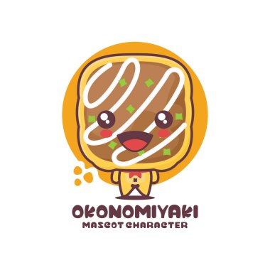 Vektör okonomiyaki çizgi film maskotu, Japon yemek illüstrasyonu, logolar, baskılar, etiketler, etiketler, vb, beyaz arka planda izole edilmiş..