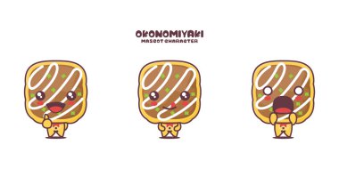 Okonomiyaki çizgi film maskotu, Japon yemek illüstrasyonu, farklı ifadelerle, beyaz arka planda izole edilmiş..