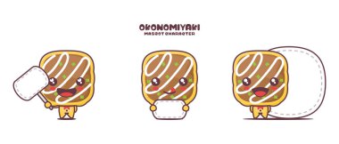 Okonomiyaki çizgi film maskotu, Japon yemek illüstrasyonu, beyaz arka planda izole edilmiş boş pankartı var..