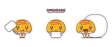 Vektör omurice karikatür maskotu, Japon yemek illüstrasyonu, beyaz bir arka planda izole edilmiş, boş pankartı var..