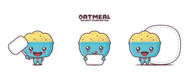 Beyaz arka planda izole edilmiş, boş pankartı olan Yulaf Ezmesi çizgi film maskotu..