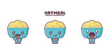 Yulaf ezmesi çizgi film maskotu, farklı ifadelerle, beyaz arka planda izole edilmiş..