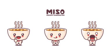 Vektör miso çorbası çizgi film maskotu, farklı ifadelerle, beyaz arka planda izole edilmiş..
