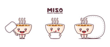 Vektör miso çorbası çizgi film maskotu, beyaz arka planda izole edilmiş, boş pankartı var..