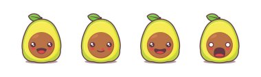 Farklı yüz ifadeleriyle vektör avokado çizgi film maskotu. Simgeler, logolar, menüler, baskılar, etiketler, vs. için uygun.