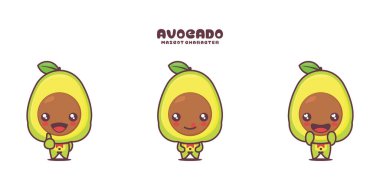 vektör avokado çizgi film maskotu, farklı ifadelerle, beyaz arka planda izole edilmiş..