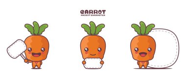 Beyaz arka planda izole edilmiş, boş pankartı olan havuç çizgi film maskotu..