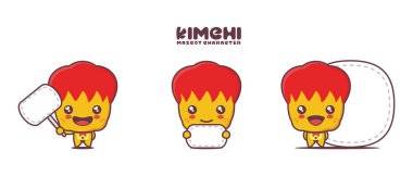 Vektör kimçi çizgi film maskotu, Kore geleneksel yemek illüstrasyonu, beyaz arka planda izole edilmiş, boş pankartı var..