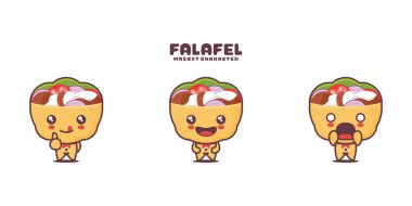Falafel sandviç karikatür maskotu, orta doğu geleneksel yemek illüstrasyonu, farklı ifadelerle, beyaz arka planda izole edilmiş..