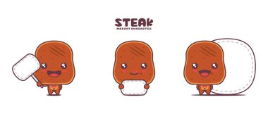 Beyaz arka planda izole edilmiş, boş pankartı olan vektör biftek karikatür maskotu..