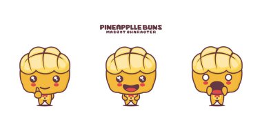 vektör ananas çöreği çizgi film maskotu, Hong Kong tarzı ekmek çizimi, farklı ifadelerle, beyaz bir arkaplanda izole edilmiş..