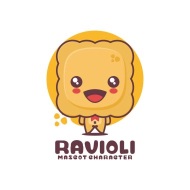 vektör ravioli çizgi film maskotu, İtalyan yemek çizimi, logolar, baskılar, etiketler, etiketler, vs. için uygun, beyaz arka planda izole edilmiş..