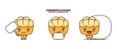 vektör ananas çöreği çizgi film maskotu, Hong Kong tarzı ekmek illüstrasyonu, boş pankartlı, beyaz arka planda izole edilmiş..