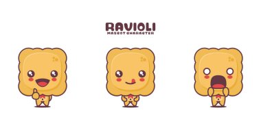 vektör Ravioli çizgi film maskotu, İtalyan yemek illüstrasyonu, farklı ifadelerle, beyaz arka planda izole edilmiş..
