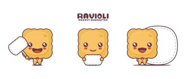 vektör Ravioli çizgi film maskotu, İtalyan yemek illüstrasyonu, beyaz arka planda izole edilmiş, boş pankartı var..