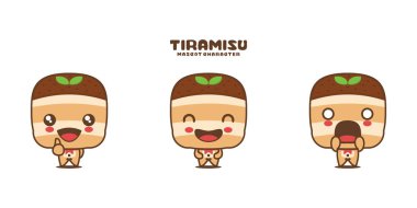 vektör tiramisu çizgi film maskotu, İtalyan tatlı illüstrasyonu, farklı ifadelerle, beyaz arka planda izole edilmiş..