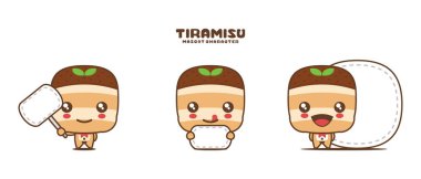 vektör tiramisu çizgi film maskotu, İtalyan tatlı illüstrasyonu, beyaz arka planda izole edilmiş, boş pankart afişi..