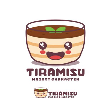 Tiramisu kek maskotu karikatürü, İtalyan tatlı illüstrasyonu, logolar, baskılar, etiketler, vs..
