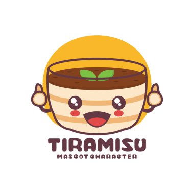 Tiramisu kek maskotu karikatürü, İtalyan tatlı illüstrasyonu, logolar, baskılar, etiketler, vs..