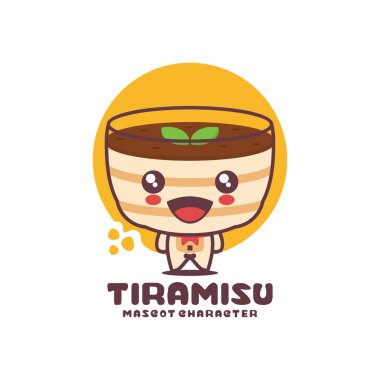 Tiramisu kek maskotu karikatürü, İtalyan tatlı illüstrasyonu, logolar, baskılar, etiketler, etiketler, vb, beyaz bir arka planda izole edilmiş..