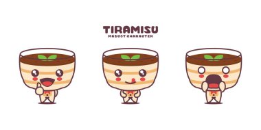 Bir bardakta tiramisu kek maskotu çizgi filmi, İtalyan tatlı çizimi, farklı ifadelerle, beyaz bir arka planda izole edilmiş..