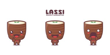 Vektör Lassi çizgi film maskotu, geleneksel Hint içki çizimi, farklı ifadelerle, beyaz arka planda izole edilmiş..