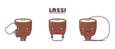 Vektör Lassi çizgi film maskotu, geleneksel Hint içki illüstrasyonu, beyaz arka planda izole edilmiş boş tahta pankartıyla..