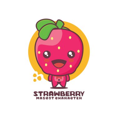 Çilek çizgi film maskotu vektörü, logolar, baskılar, çıkartmalar vs. için uygun, beyaz arka planda izole edilmiş..