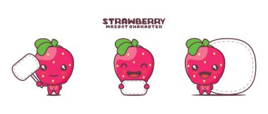 Çilek çizgi film maskotu, beyaz arka planda izole edilmiş, boş pankartı var..