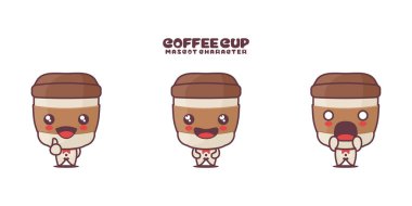 vektör kahve fincanı çizgi film maskotu, farklı ifadelerle, beyaz arka planda izole edilmiş..