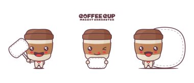 vektör kahve fincanı çizgi film maskotu, beyaz arka planda izole edilmiş, boş pankartı var..